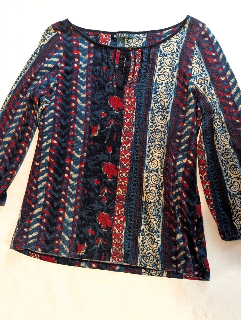 Lauren Ralph Lauren Navy Red Cream Patterned Long-Sleeve Top